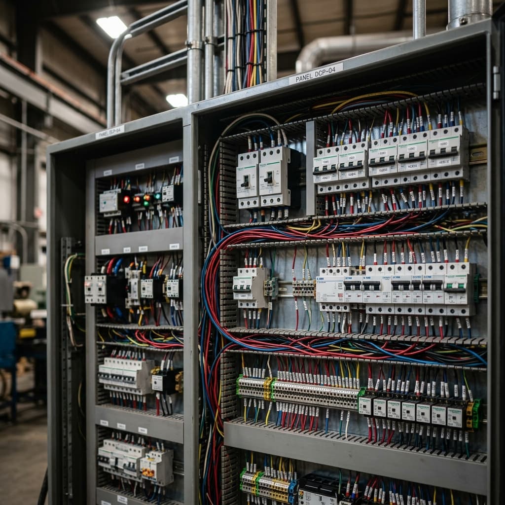 Painel elétrico industrial com dezenas de cabos e componentes
